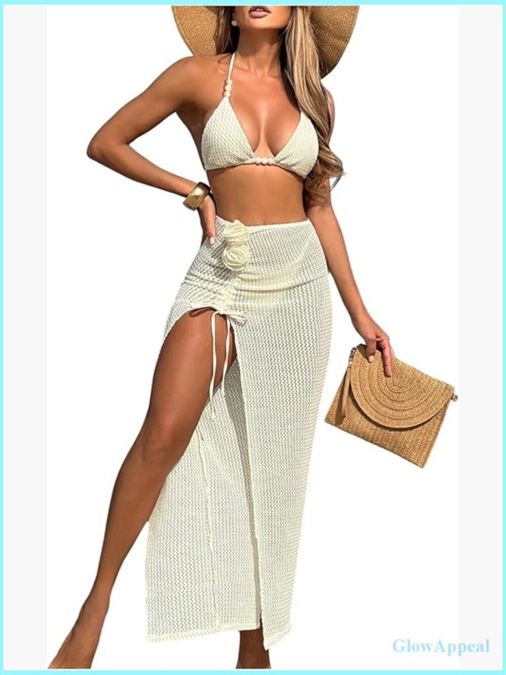 3 Piece Swimsuit Bikini Set with High Slit Cover Up Skirt Halter Top Thong